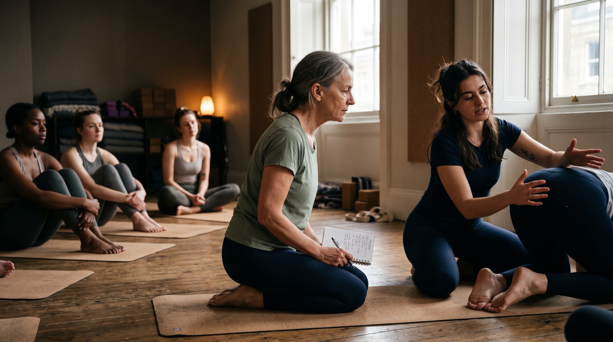 A senior yoga teacher kneeling with a notebook, guiding a trainee through teaching a class as other trainees watch in a warm studio.
